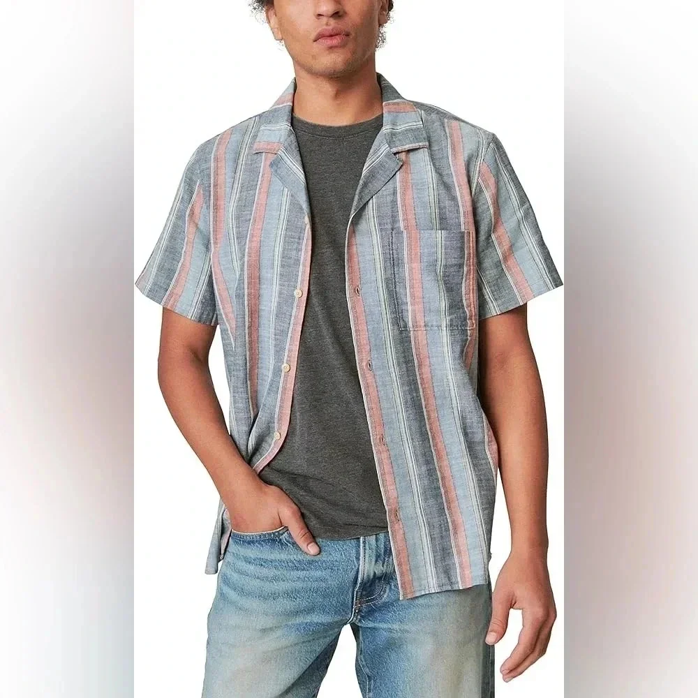 Lucky Brand Striped Short Sleeve Camp Collar Shirt - Size S - Blue/Red - NWT - Picture 1 of 12